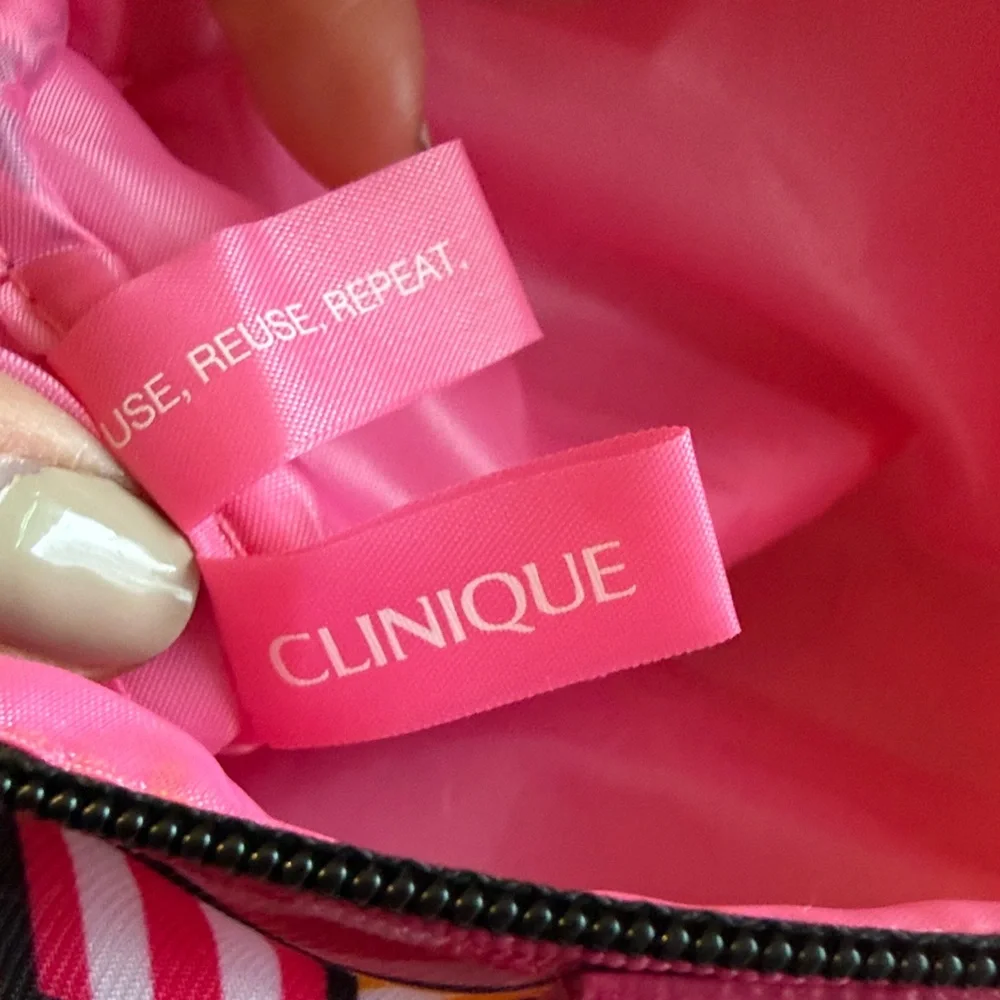 Clinique Cosmetic Bag Womens Small Pink Excellent‎ Vibrant Geometric